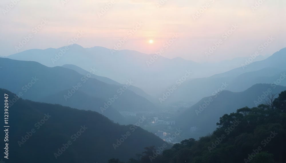 Fototapeta premium Sunset Over Misty Mountains and Valley 