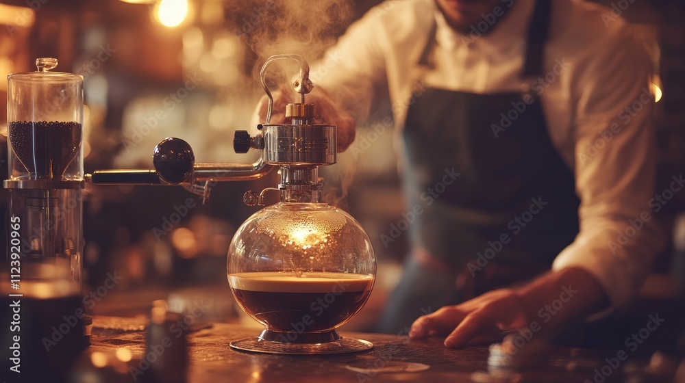 Naklejka premium Brewing coffee with a syphon at a cozy café during evening hours