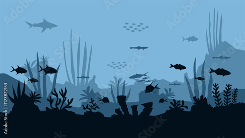 Landscape illustration of seabed with coral reefs and fishes