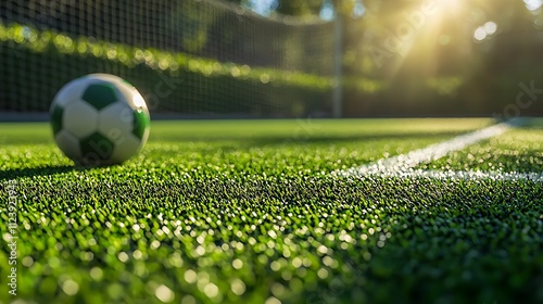 A soccer ball is on a green field with a white line photo