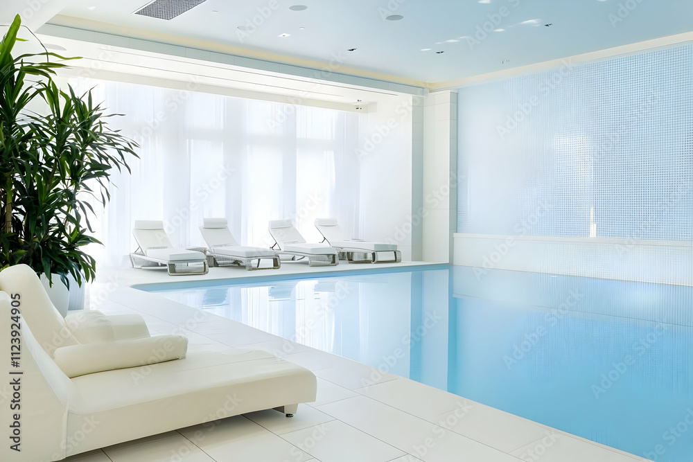 Fototapeta premium A serene indoor pool area with loungers and plants, designed for relaxation and leisure.