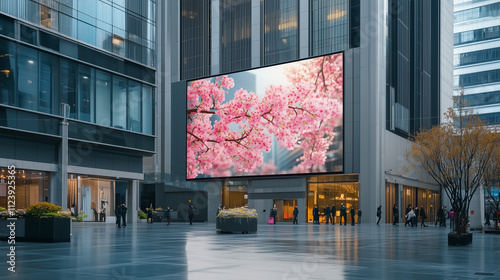 A digital banner displayed on a modern LED screen in a bustling urban environment, detailed textures of surrounding buildings and people in motion, dynamic and professional presentation