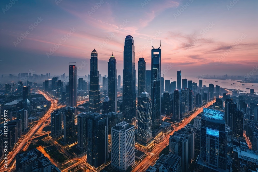 Obraz premium Metropolitan Skyline at Dusk: Aerial Outlook on Urban Connectivity and Data Exchange