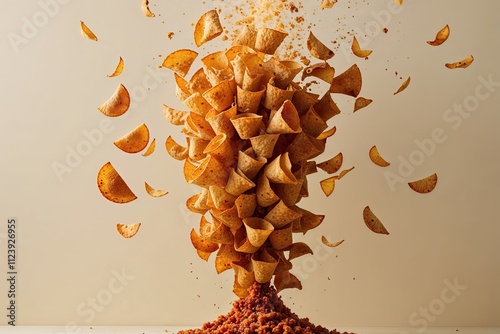 Eruption of Crispy Baked Taco Shells Soaring Isolated on Ivory Background photo