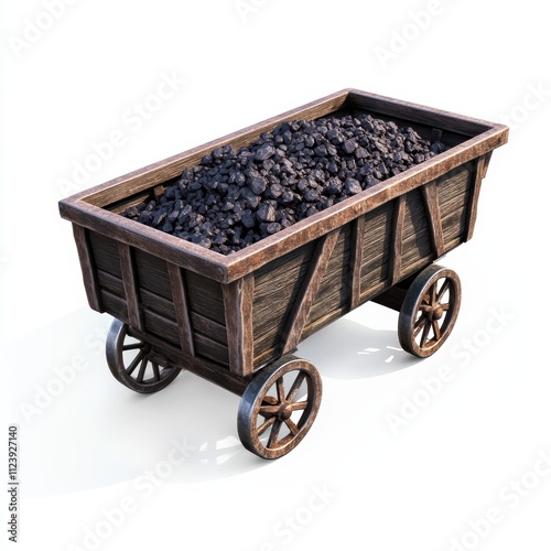 A vintage coal cart isolated on white background for historical mining equipment concept suitable for industrial heritage promotions photo