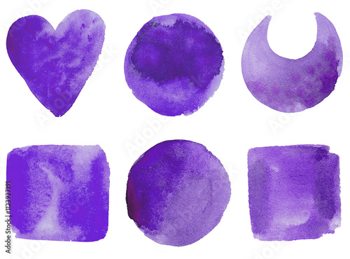 Isolated Set of hand drawn watercolor shapes: circle, square, heart crescent moon in dark blue, violet and indigo colour.
