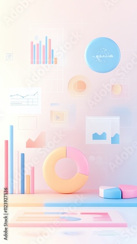 digital marketing pastel ideal infographic design with pastelcolored pie charts, bar graphs, and icons representing social media, set against a soft pinktoblue gradient