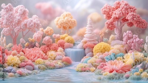 A fantasy landscape with pastel trees, delicate flowers and a calm waterfall, creating an atmosphere of magic, beauty and harmony of nature.