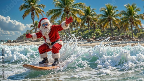 Santa Claus surfing on waves at a sunny tropical beach with palm trees, embracing a fun holiday spirit with copy space