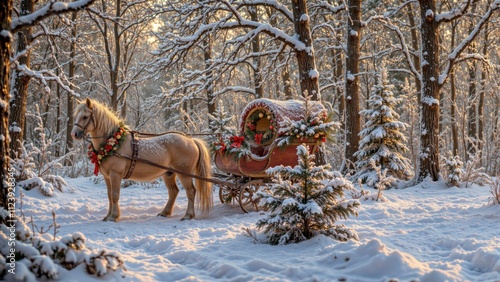 Elegant white horse adorned with festive decorations, standing beside a beautifully decorated sleigh in a snowy winter forest during golden hour with copy space