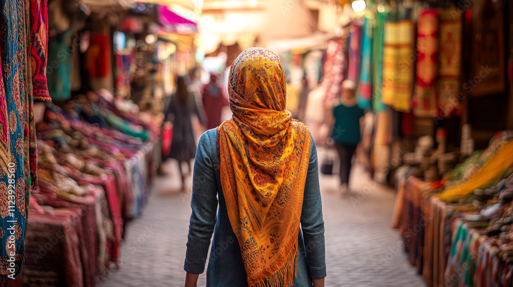 Obraz premium Woman Exploring Vibrant Moroccan Market, Surrounded by Colorful Fabrics and Spices, Cultural Travel Experience