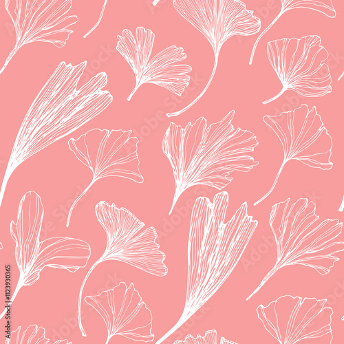 Freehand drawing Leaves of Ginkgo Biloba tree. Modern peach pink seamless pattern for packaging design, wallpaper, textile. decorative floral ornamental background