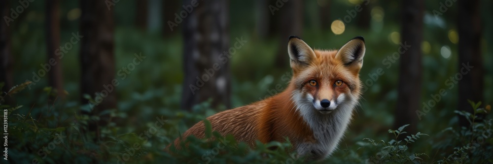 Fototapeta premium Red Fox in Forest Setting Amidst Green Foliage