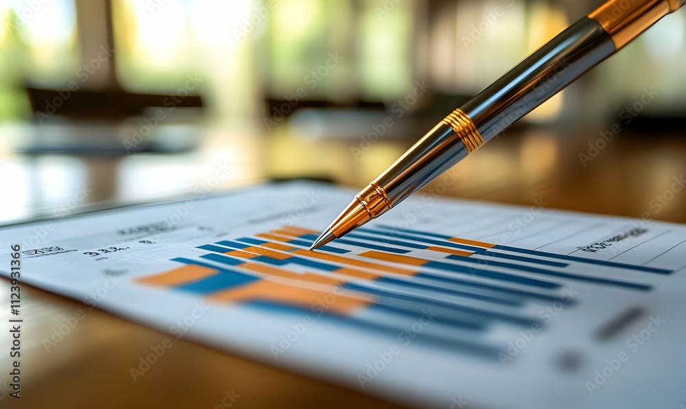 Fototapeta premium A pen rests on a chart with blue and orange bars, indicating data analysis or business metrics.