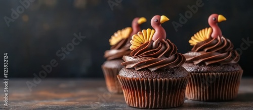Three chocolate cupcakes with a turkey decoration on top. Sweet food for fall holiday Thanksgiving