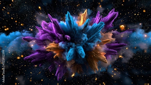 Explosive colors burst against a dark background, creating a vibrant, cosmic effect reminiscent of a nebula or abstract art.