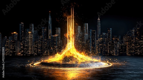 A vibrant, fiery fountain of light emerges from a dark cityscape, creating a striking contrast against the illuminated skyline at night.