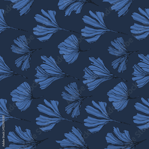 Freehand drawing dark blue Leaves of Ginkgo Biloba tree. Modern seamless pattern for packaging design, wallpaper, textile. decorative floral ornamental background