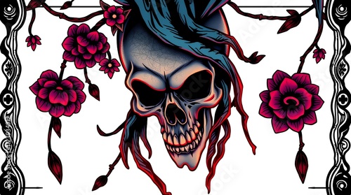 decorated skull with vibrant red roses and intricate floral patterns
 photo