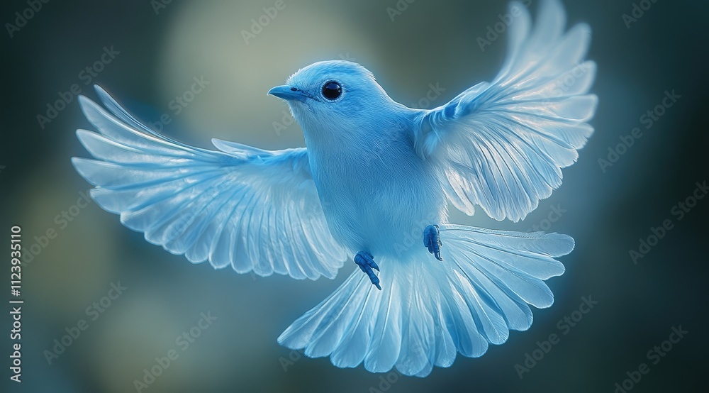 Obraz premium A vibrant blue bird in flight, wings spread wide, against a blurred background.