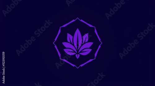 glowing geometric leaf emblem in vibrant purple hues with dark background photo