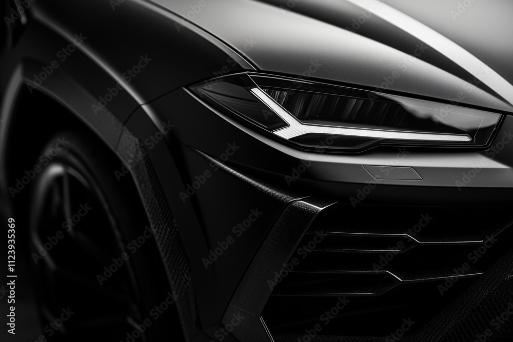 Close-up of the headlights in a sophisticated and sleek design of a black luxury sports car. Sporty, Luxury, Futuristic, Car, Design, Advertising, promotion, concept. Close-up of the headlights in a sophisticated and sleek design of a black luxury sports car. Sporty, Luxury, Futuristic, Car, Design, Advertising, promotion, concept.