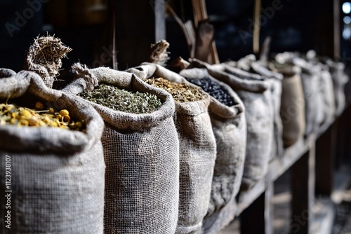 Aromatic Herbs Spices in Burlap Sacks Dried Botanicals Herbal Tea Ingredients Market Stall Organic photo