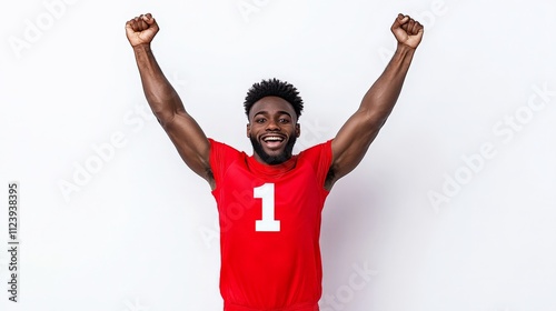 Victory Dance: A young athlete, his face alight with joy, celebrates a hard-fought victory with an energetic, powerful pose. His red jersey, emblazoned with the number one. photo