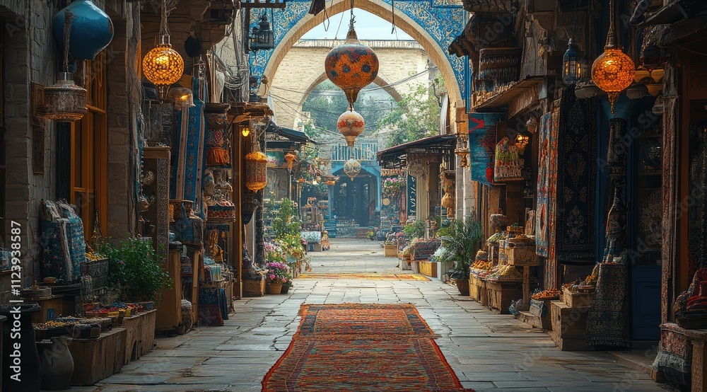 Obraz premium Colorful market street with hanging lanterns, carpets, and artisan goods.
