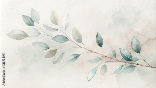 Serene Watercolor Branch with Delicate Teal and Beige Leaves on a Soft Background