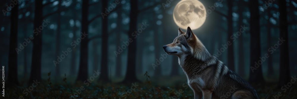 Obraz premium Lone Wolf Silhouetted Against a Full Moon in a Dark Forest