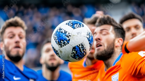 Soccer players battling for the ball during intense match: A close-up shot captures the raw energy and focus of soccer players vying for control of the ball during a high-stakes match. photo