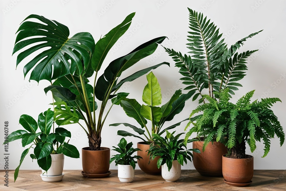 Fototapeta premium Tropical Plant Collection Featuring Monstera Palm Rubber Plant Pine and Fern Bush for Lush Greenery