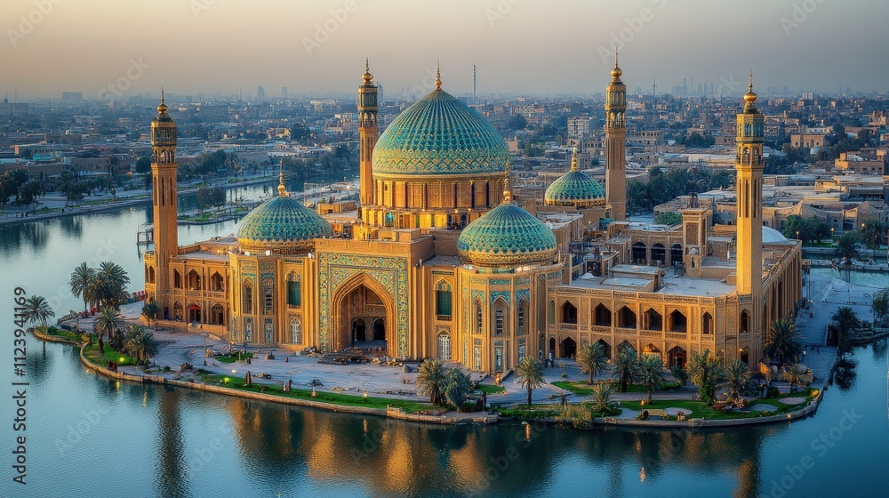 Obraz premium A stunning mosque with turquoise domes and minarets, reflecting in a serene body of water.