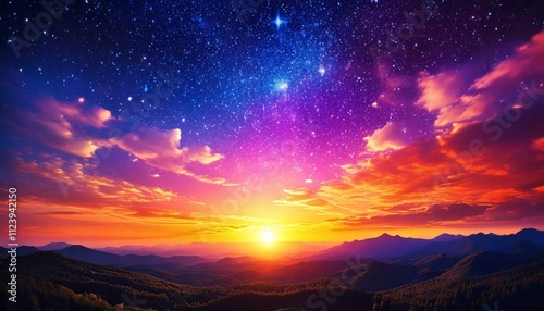夜明けの山々、星空と朝焼け、オレンジと紫の空、幻想的な夜明けの風景、輝く太陽と雲、山のシルエットと朝日、ロマンチックな空、広がる星空と夜明け、夢のような風景、自然と宇宙の融合