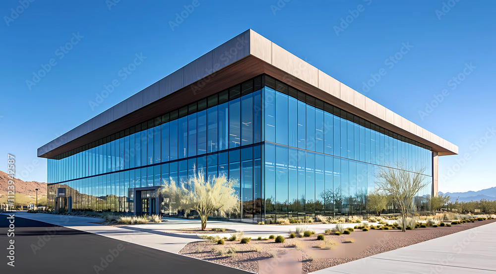 Obraz premium Modern Glass-Fronted Building with an Edgy Facade Ideal for Progressive Businesses