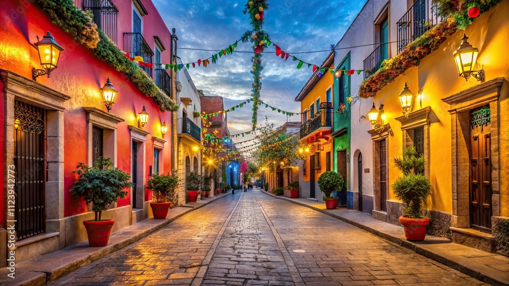 Fototapeta premium Vibrant street scene in Mexico during Las Posadas , festive, celebration, tradition, Mexican culture, colorful, lights