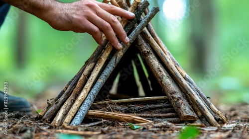 A person building a shelter using natural materials in the forest.