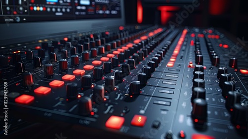 Close-up of a professional audio mixing console with illuminated controls.