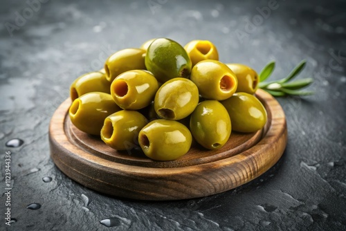 Macro Photography: Nine Pitted Green Olives on Bamboo Coaster, Grey Stone Background photo