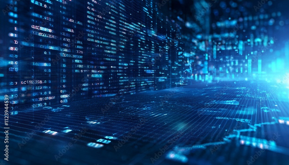 Obraz premium Digital Matrix: Abstract Blue Data Stream Tunnel 