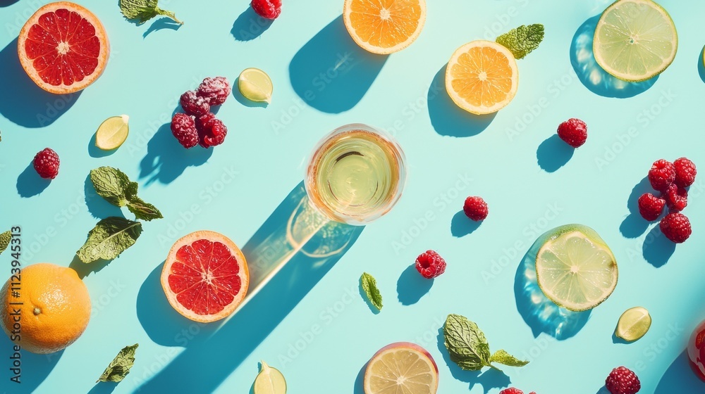 Flat lay of citrus fruits, mint, and raspberries on blue background Flat lay of citrus fruits, mint, and raspberries on blue background