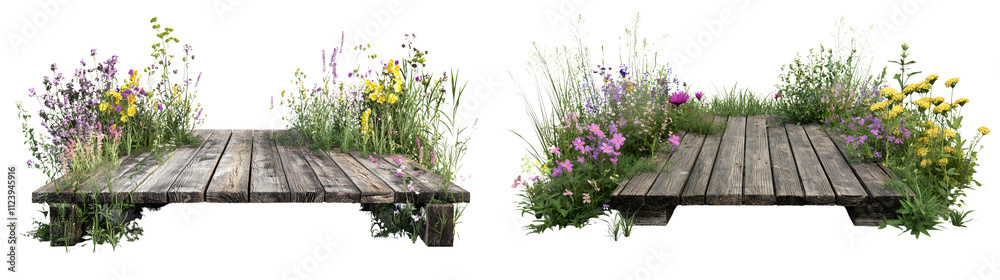 Fototapeta premium Wooden Platform Surrounded by Vibrant Wildflowers on transparent background