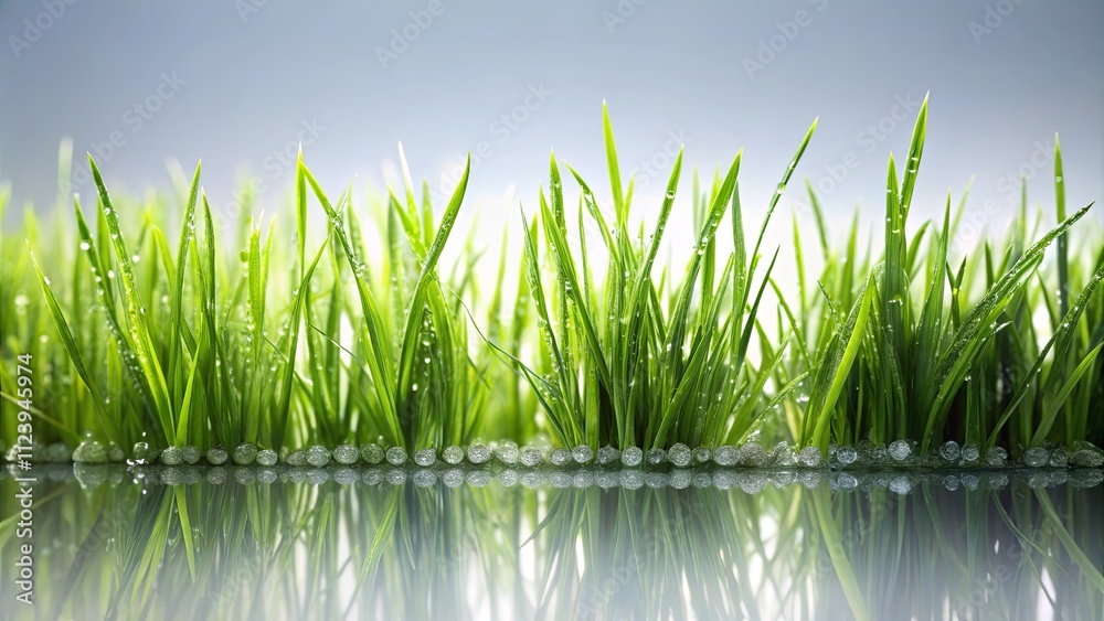 Obraz premium Vibrant Green Blades of Grass with Dew Drops Reflected in Still Water