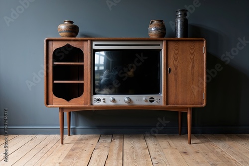 Vintage Wooden TV Stand with Distinctive Frame Cut-Out Design photo