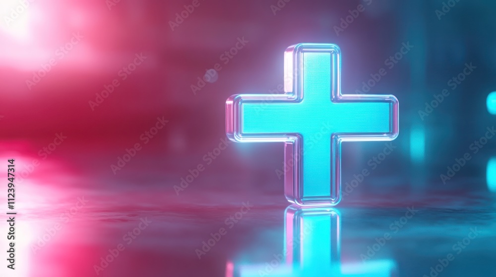 Obraz premium Medical cross icon with holographic glow, sleek and modern 
