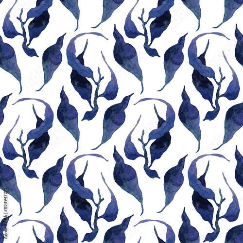 Blue floral watercolor seamless pattern for printing. Intertwining leaves and branches hand drawn. Nature botanical background design for fabric, textile, print, cover, banner and invitation.
