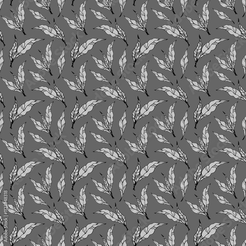  Hand drawn seamless pattern with watercolor branches and leaves. Monochrome vintage floral watercolor gray background. Design for fashion prints, textile