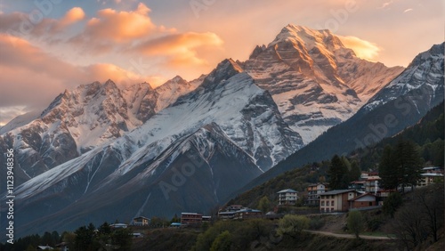 Panoramic view during sunset over snow cladded Kinner kailash mountain peaks falls in Greater Himalayas mountain range from Kalpa village, Kinnaur, Himachal Pradesh, India. photo