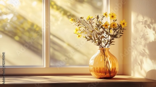 Yellow flowers in an amber glass vase on a sunny windowsill photo